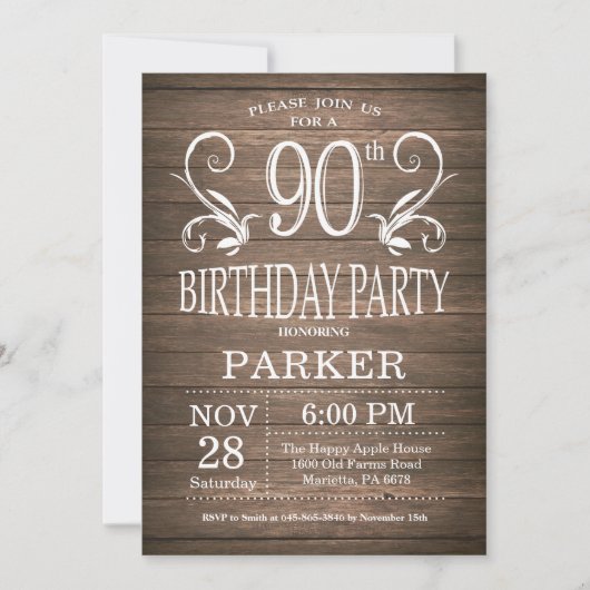 90e anniversaire Invitation Bois rustique Floral (Devant)
