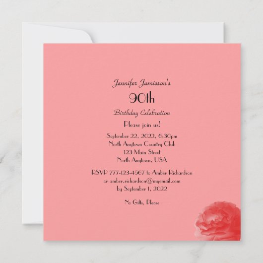 90e anniversaire Invitation Célébration Rose corai (Dos)