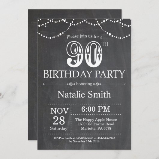 90e anniversaire Invitation Chalkboard lumières (Devant / Derrière)