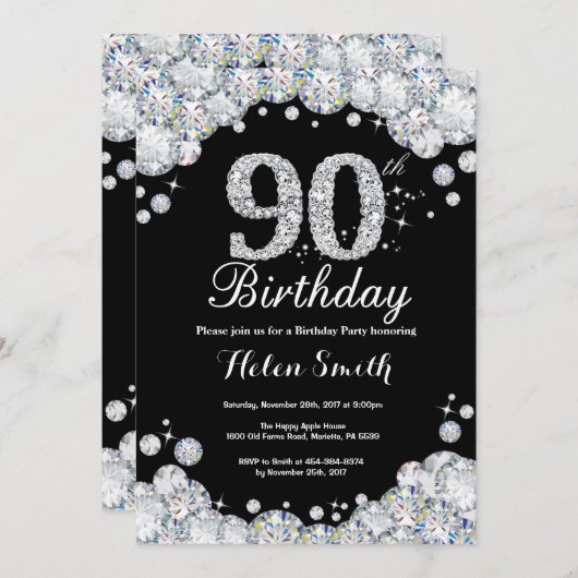 90e anniversaire Invitation Chalkboard Silver Diam (Devant / Derrière)