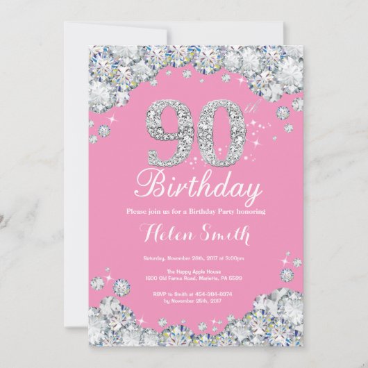 90e anniversaire Invitation Diamant rose et argent (Devant)