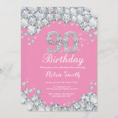 90e anniversaire Invitation Diamant rose et argent (Devant / Derrière)