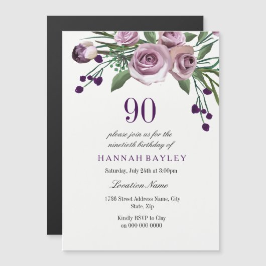 90e anniversaire Invitation : Elégant Plum Purple  (Devant / Derrière)