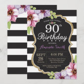 90e anniversaire Invitation Femmes. Or floral noir (Devant / Derrière)