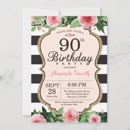 90e anniversaire Invitation Femmes. Or floral noir (Devant)