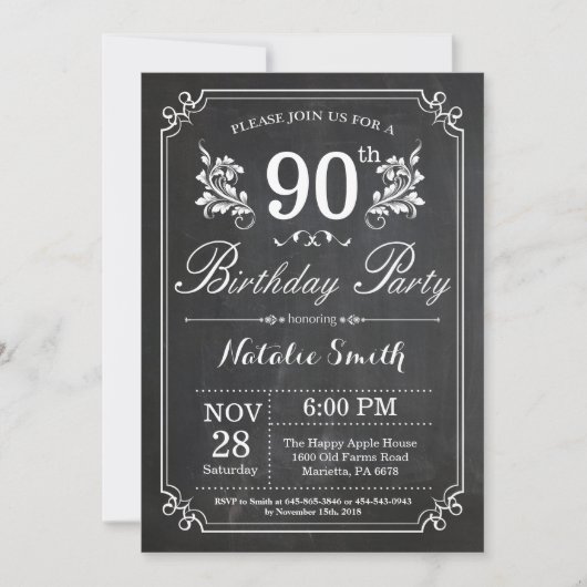 90e anniversaire Invitation Floral Chalkboard (Devant)