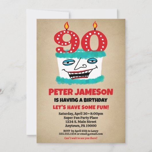 90e anniversaire Invitation Funny Cake Mens Décont (Devant)