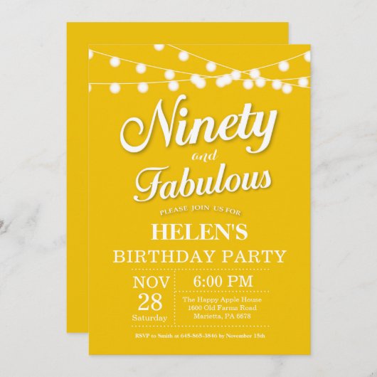 90e anniversaire Invitation Jaune Fabuleux (Devant / Derrière)
