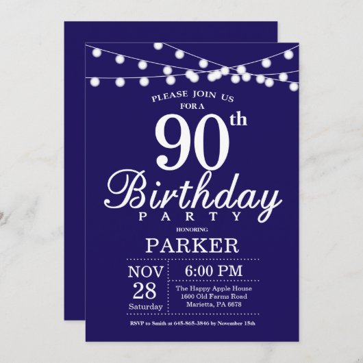 90e anniversaire Invitation Marine Bleue (Devant / Derrière)