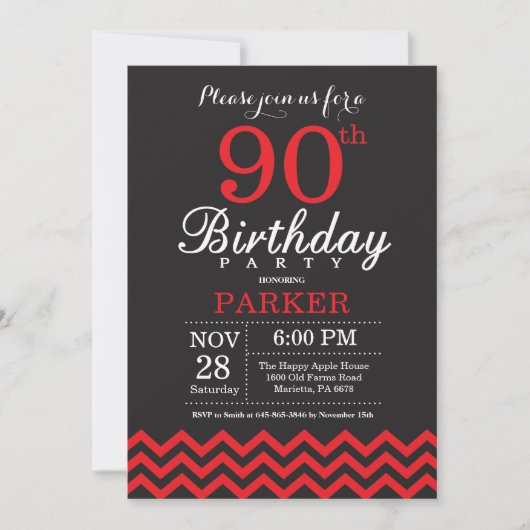 90e anniversaire Invitation Noir et Rouge (Devant)