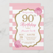 90e anniversaire Invitation rose et or Floral (Devant / Derrière)