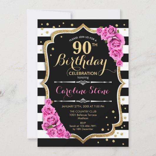 90e anniversaire Invitation rose noir blanc rayure (Devant)