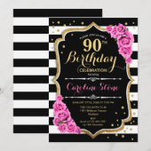 90e anniversaire Invitation rose noir blanc rayure (Devant / Derrière)