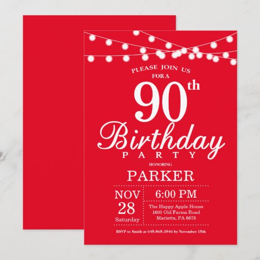 90e anniversaire Invitation rouge (Devant / Derrière)