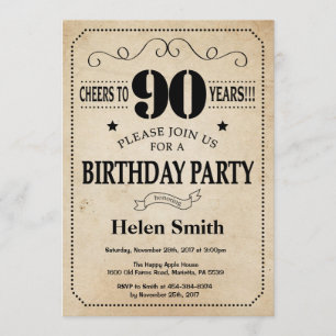 90e anniversaire Invitation Rustique Vintage Retro