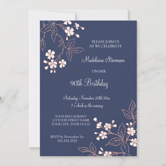 90e anniversaire Invitations Corail bleu Fleurs de (Dos)