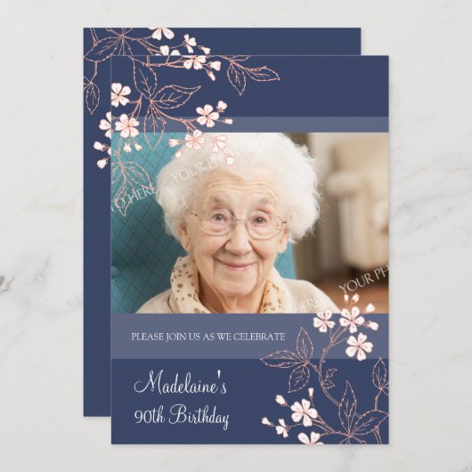 90e anniversaire Invitations Corail bleu Fleurs de (Devant / Derrière)