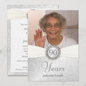 90e anniversaire - Invitations photo - Argent et b (Devant / Derrière)