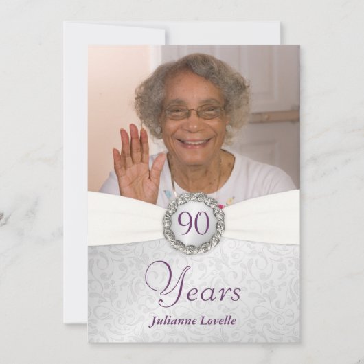 90e anniversaire - Invitations photo - Argent et v (Devant)