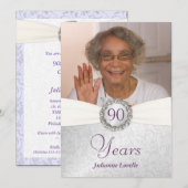 90e anniversaire - Invitations photo - Argent et v (Devant / Derrière)