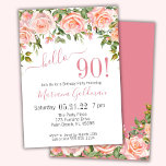 90e anniversaire Invitations Pink Floral Modern Pa<br><div class="desc">Invitations de 90e anniversaire rose floral moderne - soirée "bonjour 90!" avec arrière - plan blanc et belle impression que vous pouvez customiser avec toutes les informations de votre fête d'anniversaire. avec pêche et couleurs roses - élégant.</div>