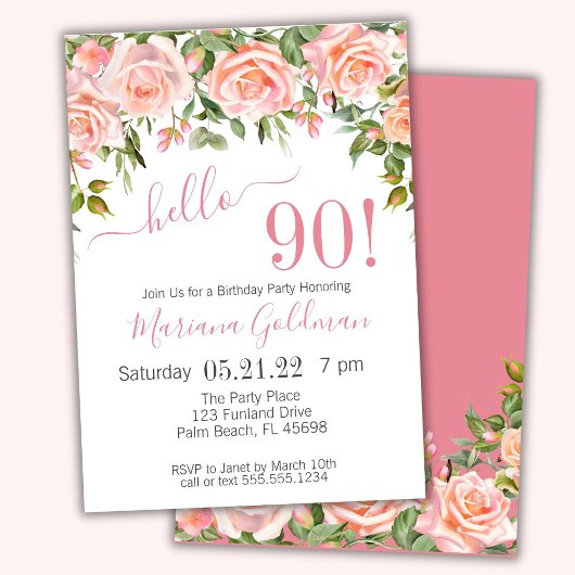 90e anniversaire Invitations Pink Floral Modern Pa