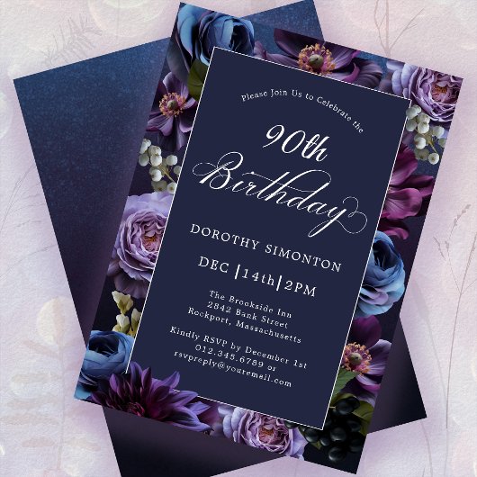 90e anniversaire Moody Purple Flower Invitation