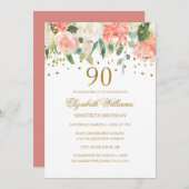 90e anniversaire Peach Gold Floral Invitation (Devant / Derrière)
