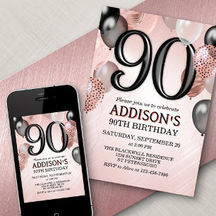 90e anniversaire Rose Gold Ballons Invitation