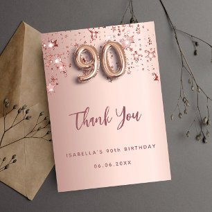 90e anniversaire rose or étoiles carte de remercie