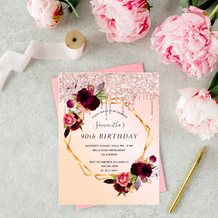 90e anniversaire rose or florales invitation
