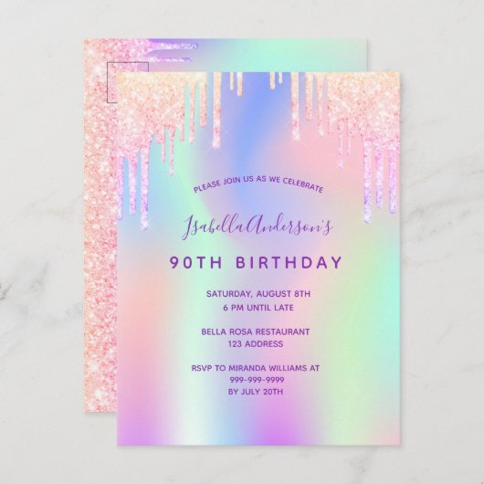 90e anniversaire rose violet invitation holographi (Devant / Derrière)