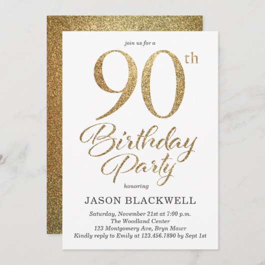 90e Anniversaire Soirée Gold Invitation (Devant / Derrière)