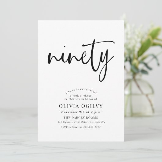 90e B & W Verjaardagsfeest Moderne Script Typograf Kaart (Staand voorkant)