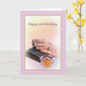 90e carte d'anniversaire avec les mains vieilles e (Fleur jaune)