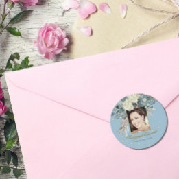 90e Floral Blue Gold Elegant Foto Birthday Ronde Sticker