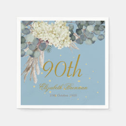 90e Floral Blue Gold Elegant Foto Birthday Servet