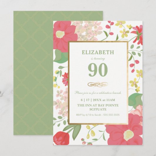 90e Invitation anniversaire - Or, élégant floral (Devant / Derrière)