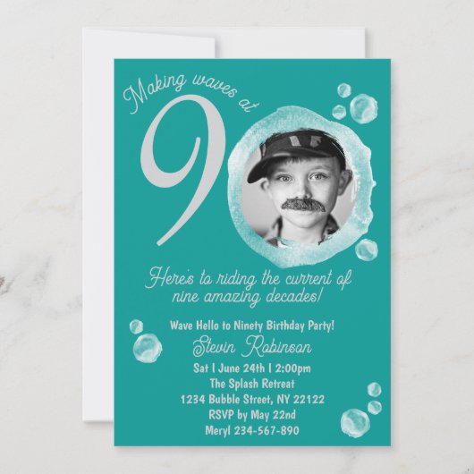 90e Ocean Turquoise Bubble Invitation de fête d'an (Devant)