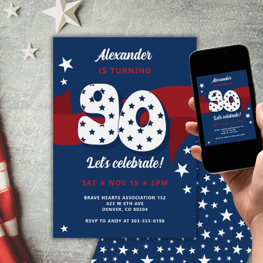 90e Patriottische Verjaardagsfeest Rood Wit Blauw Kaart