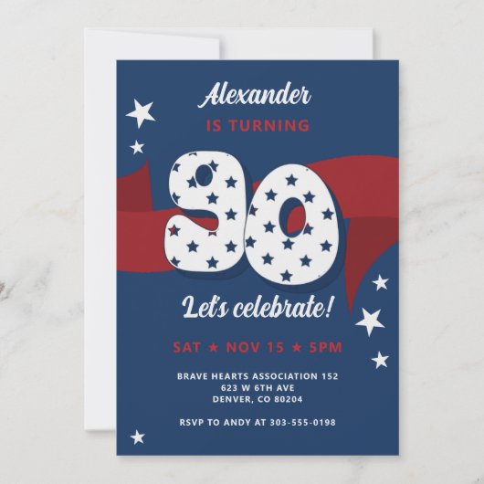 90e Patriottische Verjaardagsfeest Rood Wit Blauw Kaart (Voorkant)