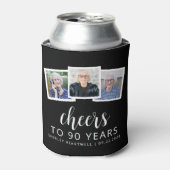 90e verjaardag 3-foto zwart wit script proost blikjeskoeler (Blikje Voorkant)