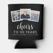 90e verjaardag 3-foto zwart wit script proost blikjeskoeler (Voorkant)