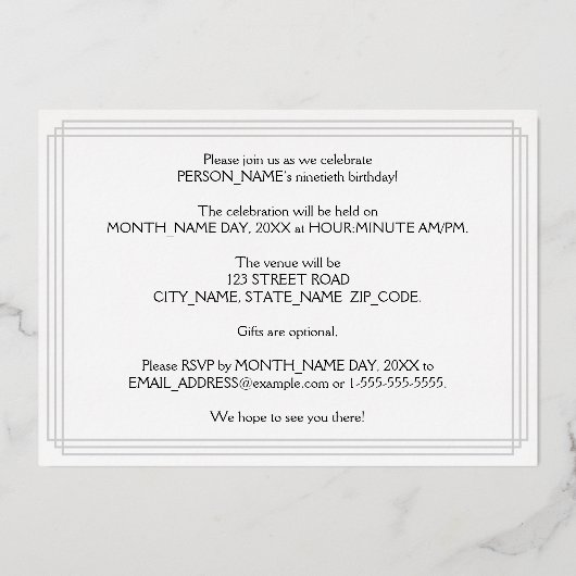 90e verjaardag — Art Deco Kijk "90" + Naam Folie Uitnodiging (Achterkant)