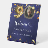 90e Verjaardag blauw goud sterren foto welkom Reclamebord Met Voetstuk (Voorkant)