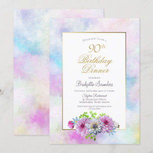 90e verjaardag Blauwe roze Floral Pastel Dinner Kaart