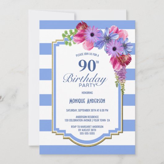 90e verjaardag Blauwe Striped Floral Party Kaart (Voorkant)