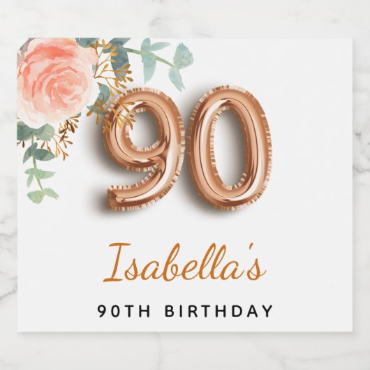 90e verjaardag bloem roos goud eucalyptusmonogram sparkling wijnetiket (Enkel label)