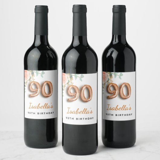 90e verjaardag bloem roos goud eucalyptusmonogram wijn etiket (Flessen)