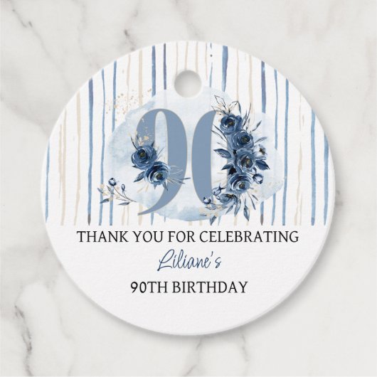 90e verjaardag Bloemennummer Kustblauwe Partij Bedankjes Labels (Voorkant)